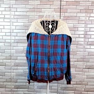 Hurley plaid full zip hoodie jacket sherpa lined collar Size L
